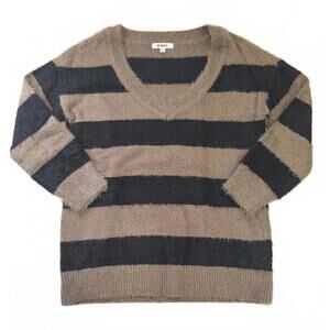 BB Dakota Women's Size S Fuzzy Knit Striped Black & Tan V-neck Eyelash Sweater